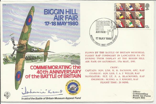 BOB ace Johnnie Kent signed 40th ann Battle of Britain cover. Good condition