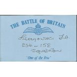 J A Szlahowski 234 and 152 sqdn Battle of Britain signed index card. Good Condition