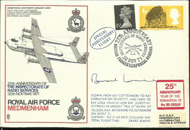 Sir Bernard Lovell signed RAF Medmenham 25th ann Inspectorate of Radio Service cover, flown by RAF