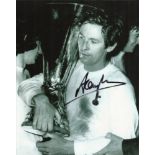 Juan Pablo Montoya Black and white 8x10 photograph autographed by Spurs legend Alan Mullery.Good