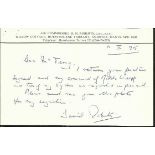 Air Cmdr D.N. Roberts Battle of Britain veteran signed hand written card dated 1995 Battle of