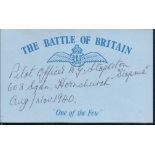 B G Stapleton 603 sqdn Battle of Britain pilot, signed card. Good condition