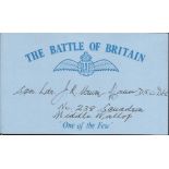 J R Unwin-Mann 238 sqdn Battle of Britain pilot, signed card. Good condition