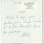 A Hedges 245 & 257 Sqns Battle of Britain veteran signed note dated 27th January 1997 . Good