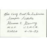 CMH winner Small white index card autographed by US Medal of Honor winner Duane Dewey, former US