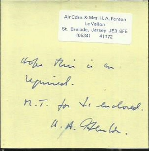 Air Cmdr H.A. Fenton Battle of Britain veteran signed hand written post it note. Good condition