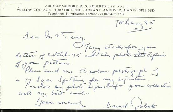 Air Cmdr D.N. Roberts Battle of Britain veteran signed hand written post card dated 7th February