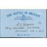 E A Shipman 65 sqdn Battle of Britain pilot, signed card. Good condition