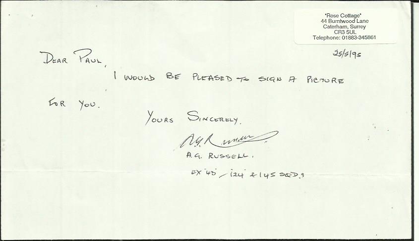 Sgt A.G. Russell 43 Sqn Battle of Britain veteran signed note dated 25th May 1995. Good condition