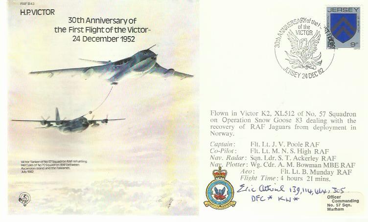 Flt Lt Eric Atkins DFC* KW* signed H P Victor Bomber cover. He flew 60 low-level bombing raids