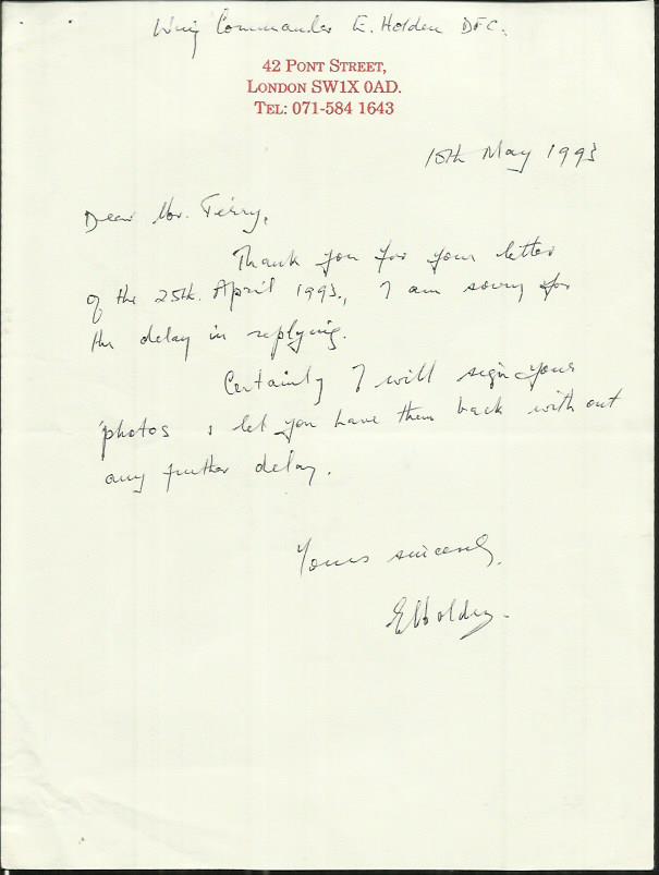 Wg Cmdr E. Holden Battle of Britain veteran signed hand written letter dated 10th May 1993. Good