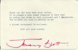 Jeremy Brett signed typed white card responding to autograph request. Good condition