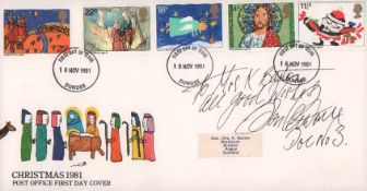 Jon Pertwee signed 1981 Christmas FDC inscribed to Mrs K Barton all good wishes Jon Pertwee Doc No