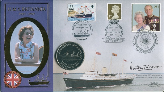 Signed Benham Official Coin FDC Benham HMY Britannia coin cover signed by Commodore A.J Morrow,
