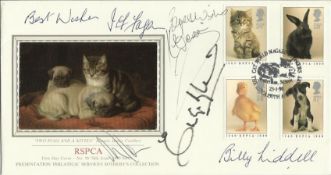 Liverpool FC 1995 RSPCA FDC signed by Joe Fagin, Emlyn Hughes, Billy Liddell  and two others. Good