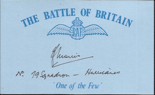 T Morris 79 sqn Battle of Britain signed index card. Good Condition