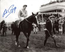 Lester Piggott 8x10 inch photo signed by Lester Piggott, pictured on Never Say Die after winning the