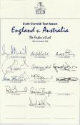 England Test Team Sheet collection of six official autographed team sheets. 1993 6th Cornhill Test V