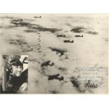 Obst Walter Dahl KC OL signed unusual 8 x 8 b/w WW2 plane in flight with inset photo of the pilot.