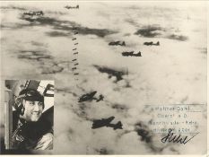 Obst Walter Dahl KC OL signed unusual 8 x 8 b/w WW2 plane in flight with inset photo of the pilot.