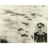 Mjr Ernst Borngen KC signed unusual 8 x 8 b/w WW2 plane in flight with inset photo of the pilot.
