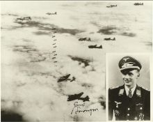 Mjr Ernst Borngen KC signed unusual 8 x 8 b/w WW2 plane in flight with inset photo of the pilot.