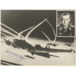 Oberst Hermann Graf KC OL S signed unusual 8 x 8 b/w WW2 plane in flight with inset photo of the