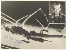 Oberst Hermann Graf KC OL S signed unusual 8 x 8 b/w WW2 plane in flight with inset photo of the