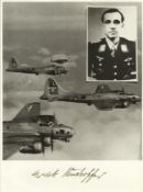 Mje Erich Rudorffer KC OL S signed unusual 8 x 8 b/w WW2 plane in flight with inset photo of the