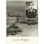 Mje Erich Rudorffer KC OL S signed unusual 8 x 8 b/w WW2 plane in flight with inset photo of the