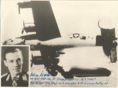 Oskar Romm KC signed unusual 8 x 8 b/w WW2 plane in flight with inset photo of the pilot. Good