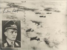 Obst Gustov Rodel KC OL signed unusual 8 x 8 b/w WW2 plane in flight with inset photo of the pilot.