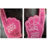 London 2012 promotional pink pointing hand signed by Slumdog Millionaire and Olympic Opening