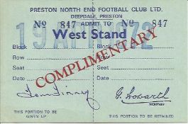 Tom Finney signed PNE complimentary ticket 1972. Good condition