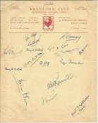 Bradford City around 1952 official headed paper signed by 16. Good condition