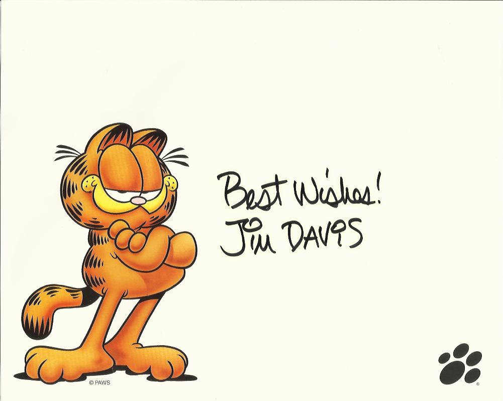 Jim Davis signed print. 8x10 sized colour print of the cartoon character Garfield autographed by