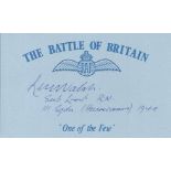 Sub Lt R.W.M Walsh Blue Battle of Britain card signed by Battle of Britain veteran Sub Lt R.W.M