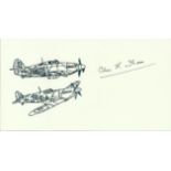 Flt Lt Alex Thom DFC, Small card with illustration of Hurricane and Spitfire, autographed by