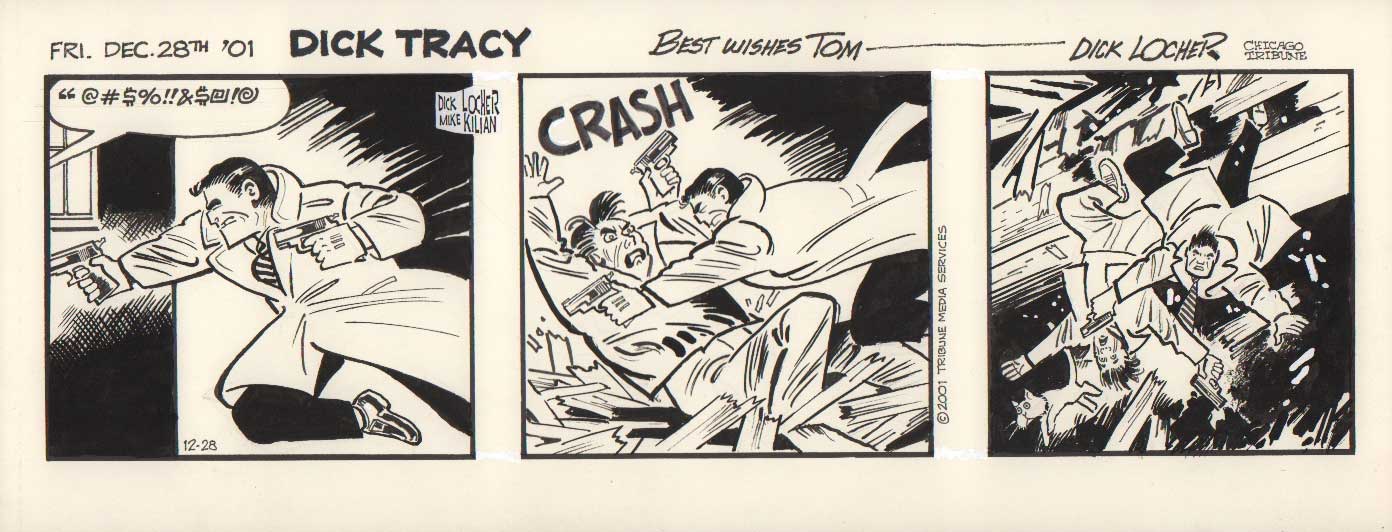 Dick Locher autographed comic art. Original 35cm x 14cm hand drawn pen and ink comic strip, 3