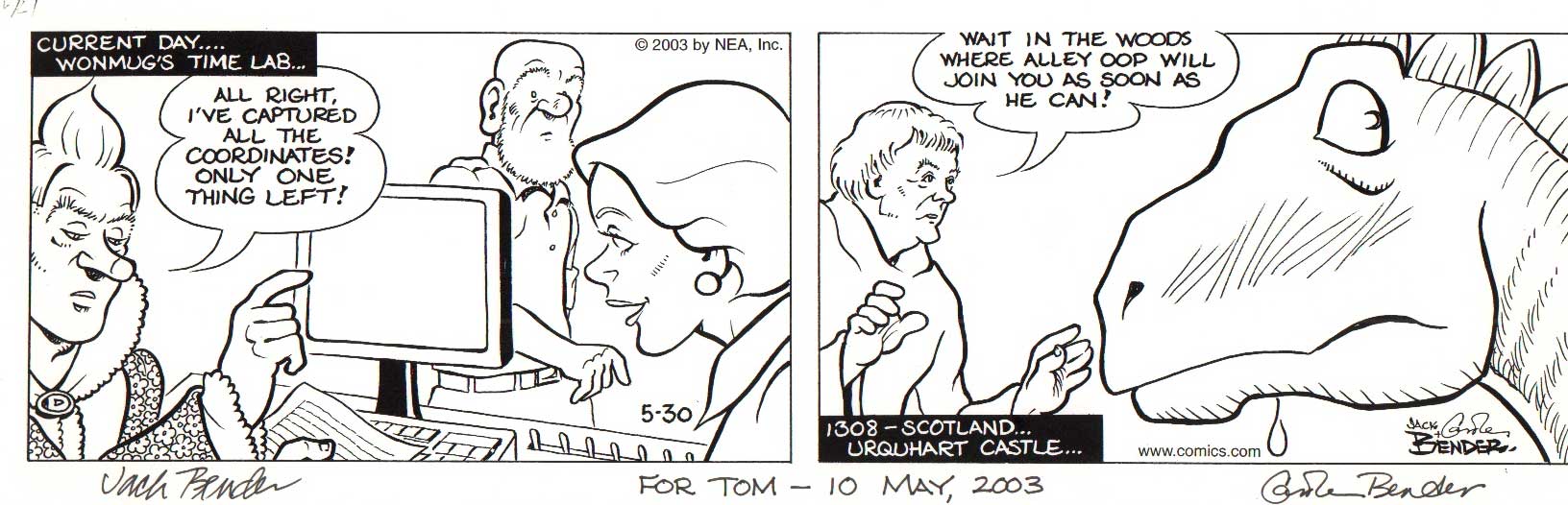 Jack and Carole Bender autographed comic art. 43cm x 14cm original hand drawn two panel comic