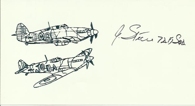 Flt Sgt J Steere Small card with illustration of Hurricane and Spitfire, autographed by Battle of