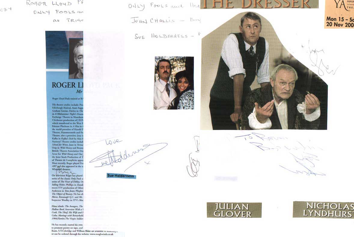 Old Fools & Horses 3 signed cards, magazine photos lightly fixed to A4 sheets. Signed by Nicholas