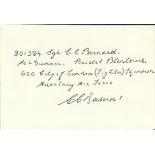 Sgt E.C. Barnard Small note hand signed by Battle of Britain veteran Sgt E.C. Barnard, 600 Sqn