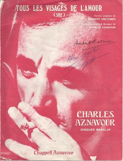 Herbert Kretzmer and Charles Aznavour signed sheet music. 4pp sheet music for Tous Les Visages De