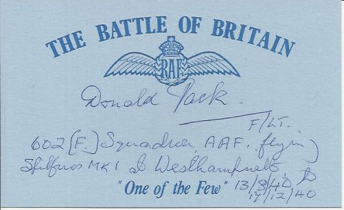 F/O Donald Jack, Blue Battle of Britain card autographed by Battle of Britain veteran F/O Donald