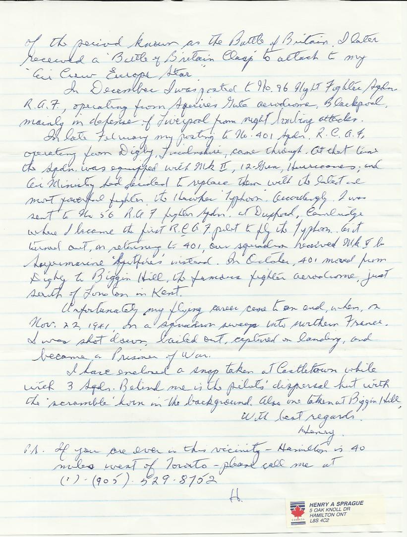 P/O Henry A Sprague Two page handwritten and signed letter by Canadian Battle of Britain veteran P/O - Image 2 of 2