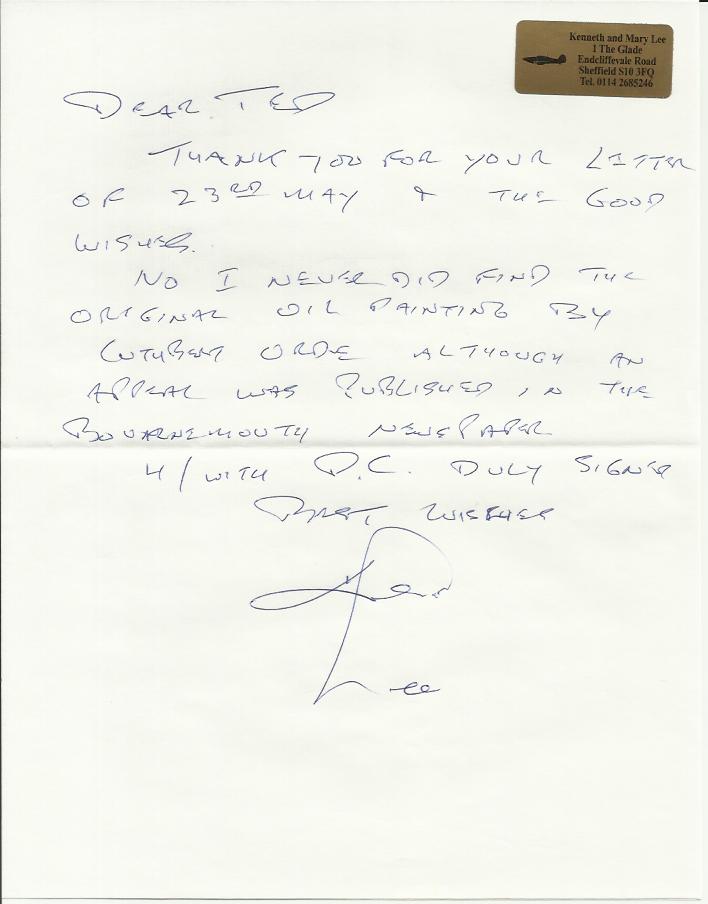 P/O Kenneth Lee, Handwritten and signed letter by Battle of Britain veteran P/O Kenneth Lee, 501 Sqn