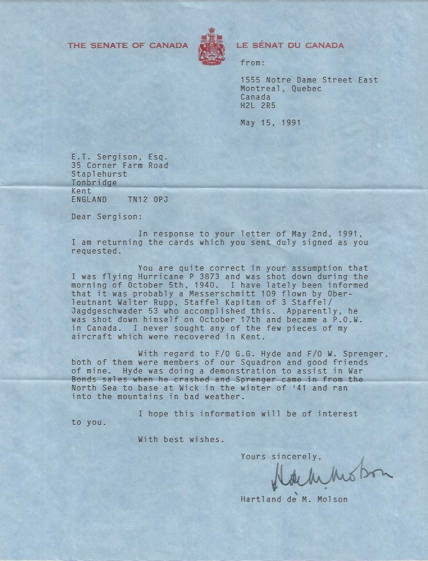 F/O Hartland de M. Molson Rare typed letter, dated 1991, handsigned by Canadian Battle of Britain