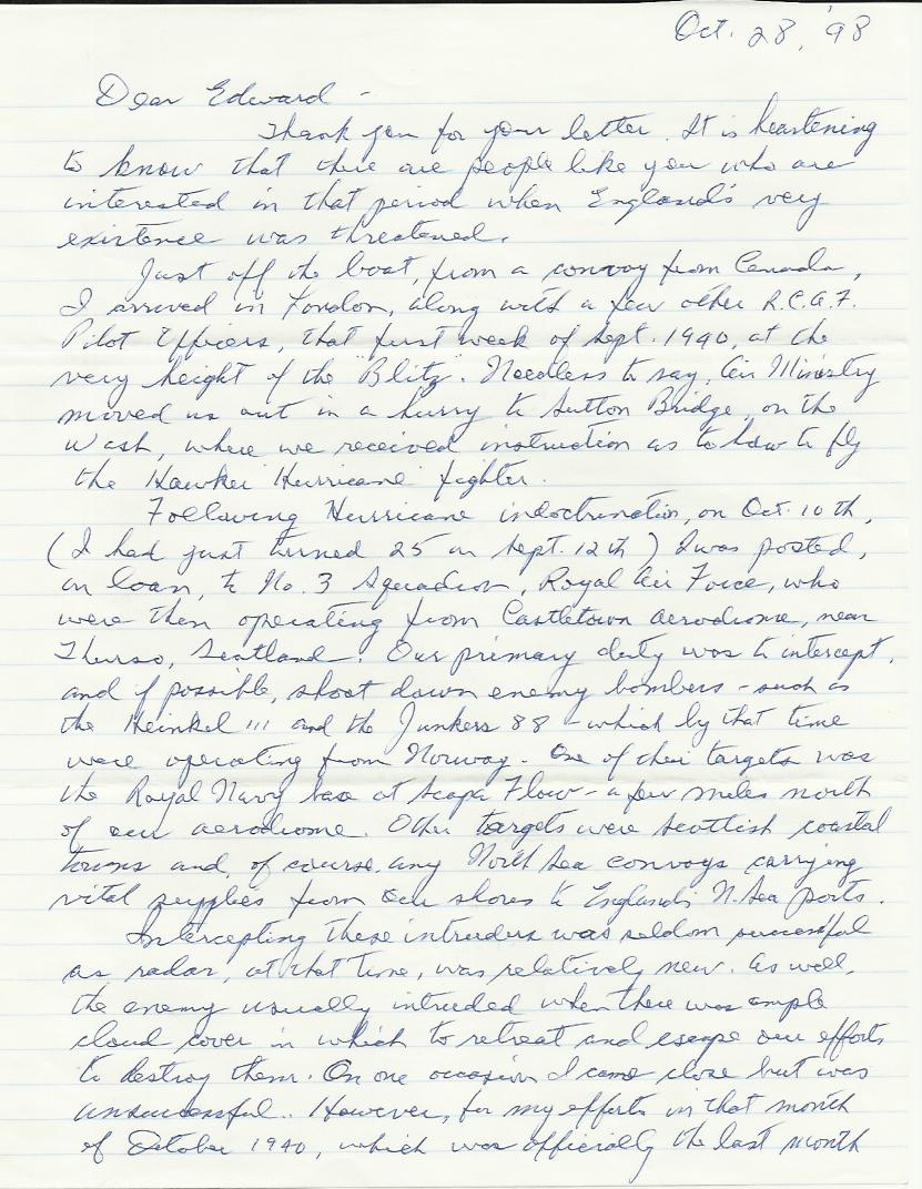 P/O Henry A Sprague Two page handwritten and signed letter by Canadian Battle of Britain veteran P/O