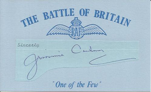 Sgt J D Culmer Blue Battle of Britain card mounted with a clipped signature of Battle of Britain